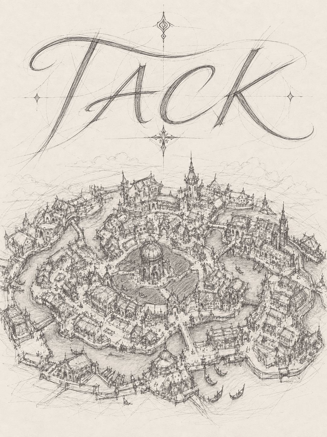 TACK handwritten title over a pencil sketch of a circular fantasy city